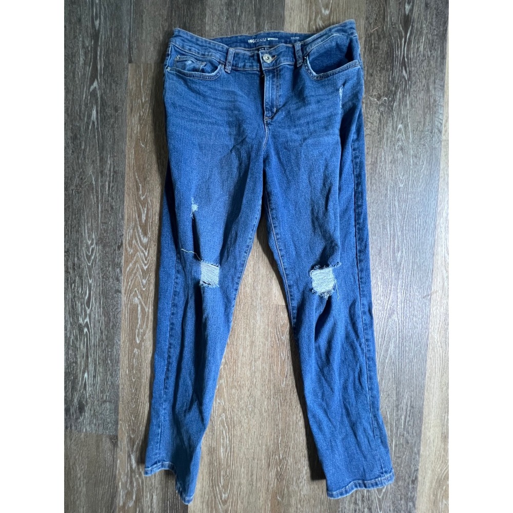 INC Denim Boyfriend Jeans Women 10/30 Blue Distressed Ripped Knee Relaxed Fit
